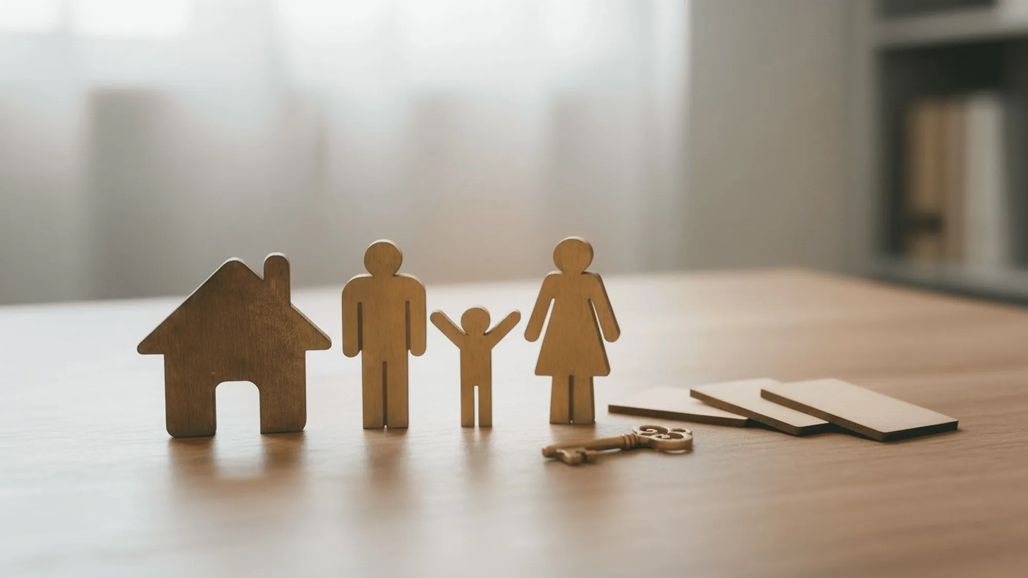 Wooden family figures and a small house beside a set of keys
